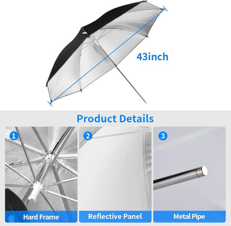 soonpho Photography Umbrella Lighting Kit, 2 Pack 43inch/109cm Soft Umbrella(White&Silver) with Light Stand,Flash Bracket U-Shape, Carry Bag for Studio/Outdoor Photo and Video Lighting Accessories - Image 2